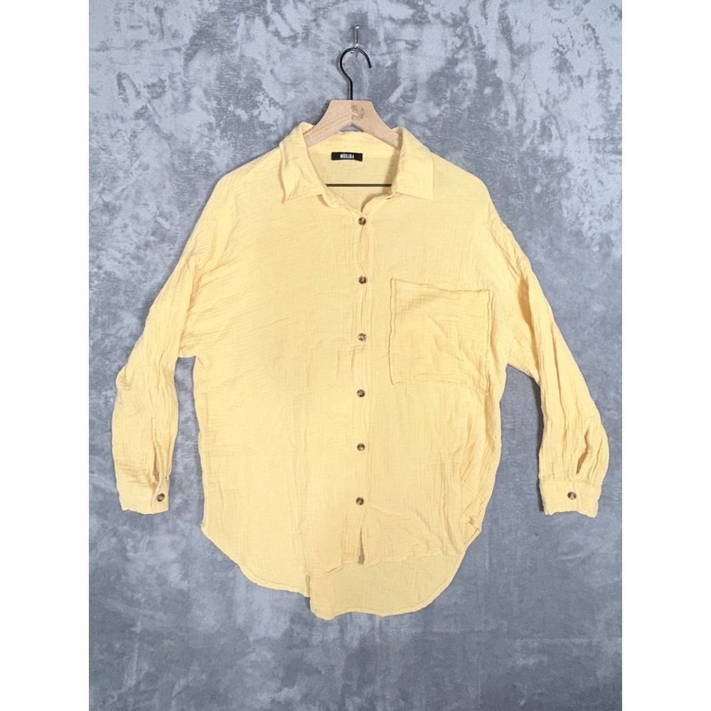 MISS LOLA Womens Button Up Shirt S/M Yellow Viscose Crinkle Gauze Long Sleeve